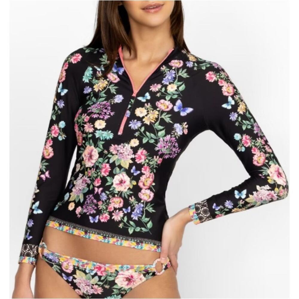 Johnny Was Butterfly Floral Long Sleeve Surf Swim Top Rash Guard Size Small